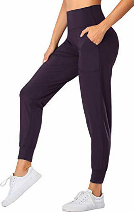 Picture of Oalka Women's Joggers High Waist Yoga Pockets Sweatpants Sport Workout Pants Vintage Violet Purple XS