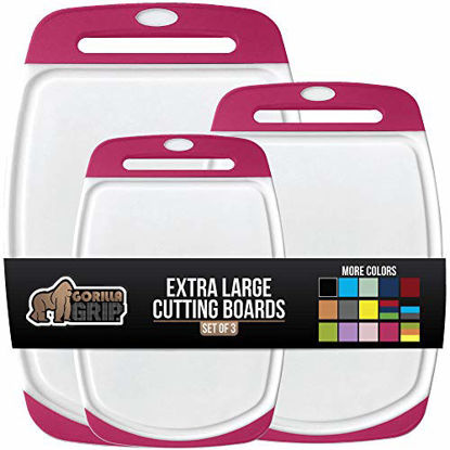 Picture of Gorilla Grip Original Oversized Cutting Board, 3 Piece, Juice Grooves, Larger Thicker Boards, Easy Grip Handle, Perfect for the Dishwasher, Non Porous, Extra Large, Kitchen, Set of 3, Hot Pink