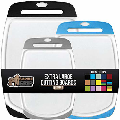 Picture of Gorilla Grip Original Oversized Cutting Board, 3 Piece, Perfect for the Dishwasher, Juice Grooves, Larger Thicker Boards, Easy Grip Handle, Non Porous, Set of 3, White Boards, Black, Aqua, Gray