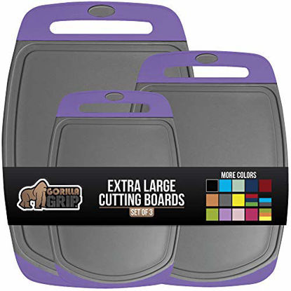 Picture of Gorilla Grip Original Oversized Cutting Board, 3 Piece, Juice Grooves, Larger Thicker Boards, Easy Grip Handle, Perfect for the Dishwasher, Non Porous, X Large, Kitchen, Set of 3, Purple Gray