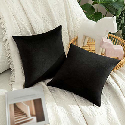 Picture of MIULEE Pack of 2 Velvet Pillow Covers Decorative Square Pillowcase Soft Solid Cushion Case for Sofa Bedroom Outdoor 12 x 12 Inch Black