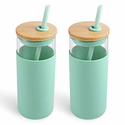 Picture of Tronco 20oz Glass Tumbler Glass Water Bottle Straw Silicone Protective Sleeve Bamboo Lid - BPA Free (Midnight Green 2Pack)
