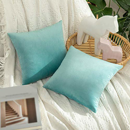 Picture of MIULEE Pack of 2 Velvet Pillow Covers Decorative Square Pillowcase Soft Solid Cushion Case for Sofa Bedroom Car 12 x 12 Inch Aqua Green