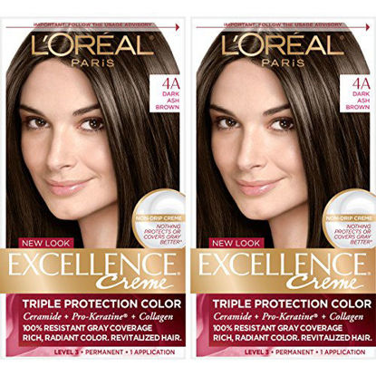 Picture of L'Oreal Paris Excellence Creme Permanent Hair Color, 4a Dark Ash Brown, 100 percent Gray Coverage Hair Dye, Pack of 2