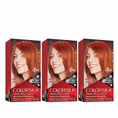 Picture of Revlon Colorsilk Beautiful Color Permanent Hair Color with 3D Gel Technology & Keratin, 100% Gray Coverage Hair Dye, 45 Bright Auburn, 4.4 oz (Pack of 3)