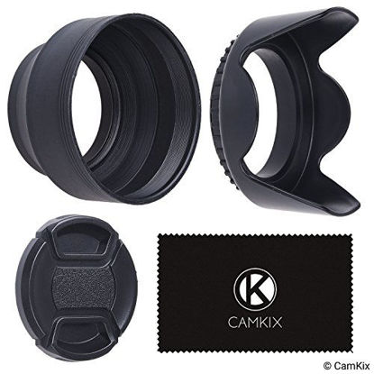 Picture of 58mm Set of 2 Camera Lens Hoods and 1 Lens Cap - Rubber (Collapsible) + Tulip Flower - Sun Shade/Shield - Reduces Lens Flare and Glare - Blocks Excess Sunlight (58 mm, Rubber Hood + Tullip Hood + Cap)