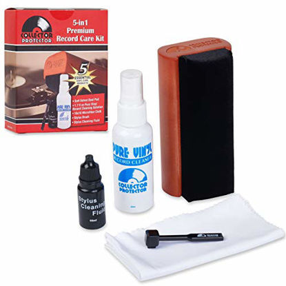 Picture of Collector Protector 5-in-1 Vinyl Record Cleaner Kit | Includes Soft Velvet Record Brush, Pure Vinyl Cleaning Solution, Stylus Cleaner & Brush, Microfiber Cloth & Storage Pouch
