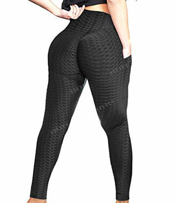 Picture of FITTOO Women's High Waist Leggings Tummy Control Scrunched Booty Tight Workout Running Butt Lift Textured Pants Side Pocket Black X-Large