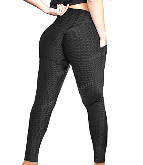 GetUSCart- FITTOO Women's High Waist Leggings Tummy Control Scrunched Booty  Tight Workout Running Butt Lift Textured Pants Side Pocket Black X-Large