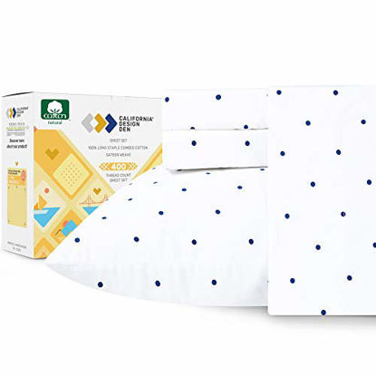 Picture of Luxury 400-Thread-Count 100% Pure Natural Cotton Sheet Sets - 4-Piece Navy Blue Polka Dot Full Size Sheet Set Long-Staple Premium Cotton Yarns Hotel Quality Fits Mattress 16'' Deep Pocket