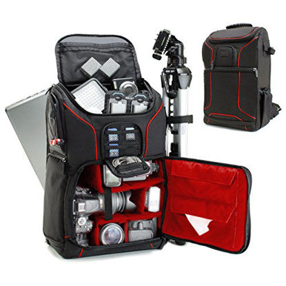 Picture of USA GEAR DSLR Camera Backpack Case (Red) - 15.6 inch Laptop Compartment, Padded Custom Dividers, Tripod Holder, Rain Cover, Long-Lasting Durability and Storage Pockets - Compatible with Many DSLRs