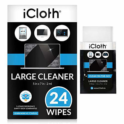 Picture of iCloth Large Lens and Screen Cleaner Pro-Grade Individually Wrapped Wet Wipes, 1 Wipe Cleans a LCD Monitor, Laptop, or Flat Screen HDTV, Box of 24