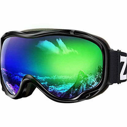 Picture of ZIONOR Lagopus Ski Snowboard Goggles UV Protection Anti fog Snow Goggles for Men Women Youth VLT 18% Black Frame Mirrored Green Lens