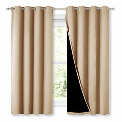 Picture of NICETOWN Bedroom Full Blackout Curtain Panels, Super Thick Insulated Window Covers, Complete Blackout Draperies with Black Liner for Short Window(Biscotti Beige, Set of 2 PCs, 52 by 63-inch)