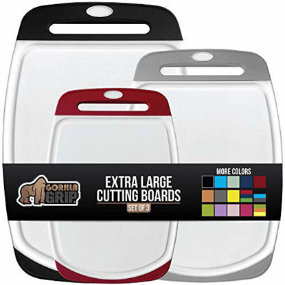 Picture of Gorilla Grip Original Oversized Cutting Board, 3 Piece, Perfect for The Dishwasher, Juice Grooves, Larger Thicker Boards, Easy Grip Handle, Non Porous, Extra Large, Set of 3, Black, Gray, Red