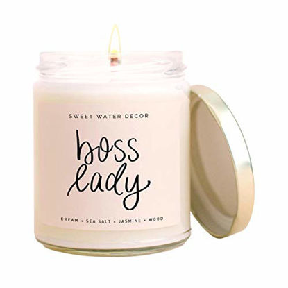 Picture of Sweet Water Decor, Boss Lady, Sea Salt, Jasmine, Cream, and Wood Scented Soy Wax Candle for Home | 9oz Clear Glass Jar, 40 Hour Burn Time, Made in the USA