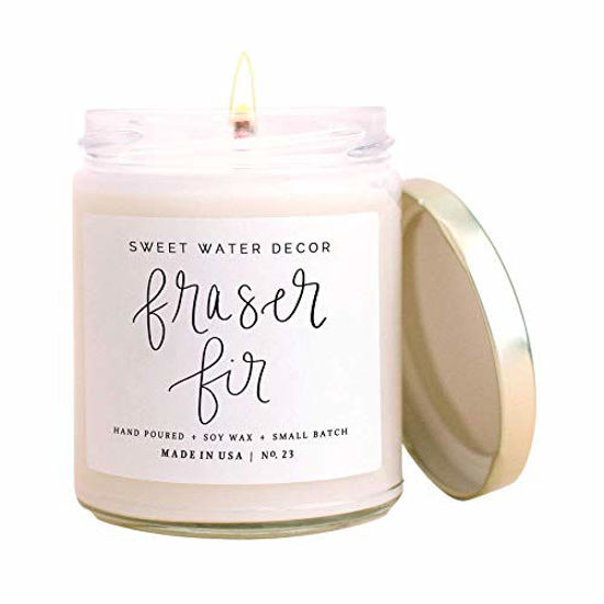 Picture of Sweet Water Decor Fraser Fir Candle | Evergreen, Cedar, Winter Holiday Scented Soy Wax Candle for Home | 9oz Clear Glass Jar, 40 Hour Burn Time, Made in the USA