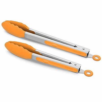 Picture of 9-Inch & 12-Inch Premium Stainless Steel Food Tongs, Orange Silicone BPA Free Non-Stick BBQ Cooking Grilling Locking Kitchen Tong