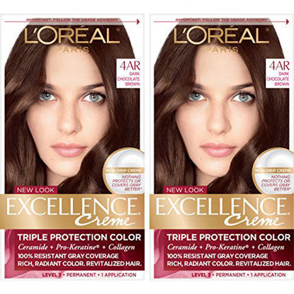 Picture of L'Oreal Paris Excellence Creme Permanent Hair Color, 4AR Dark Chocolate Brown, 100% Gray Coverage Hair Dye, Pack of 2