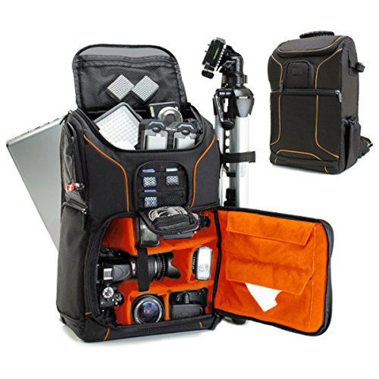 Picture of USA GEAR DSLR Camera Backpack Case (Orange) - 15.6 inch Laptop Compartment, Padded Custom Dividers, Tripod Holder, Rain Cover, Long-Lasting Durability and Storage Pockets - Compatible with Many DSLRs