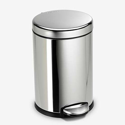 Picture of simplehuman 4.5 Liter / 1.2 Gallon Round Bathroom Step Trash Can, Polished Stainless Steel