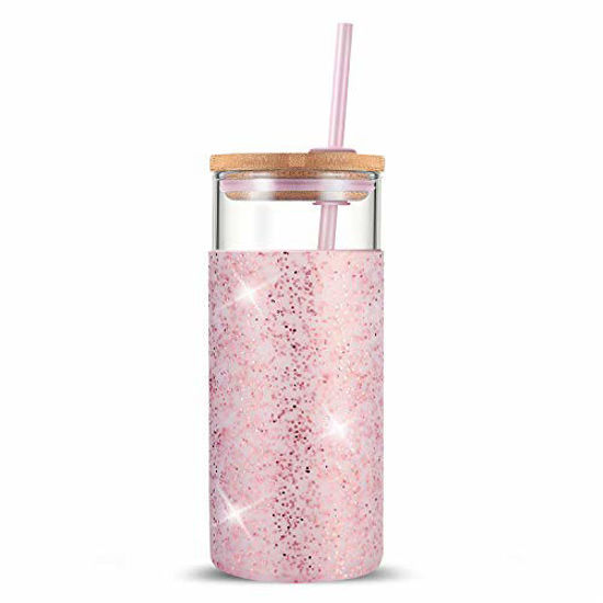 Picture of Tronco 20oz Glass Tumbler Glass Water Bottle Straw Silicone Protective Sleeve Bamboo Lid - BPA Free (Dot Pink)