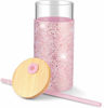 Picture of Tronco 20oz Glass Tumbler Glass Water Bottle Straw Silicone Protective Sleeve Bamboo Lid - BPA Free (Dot Pink)