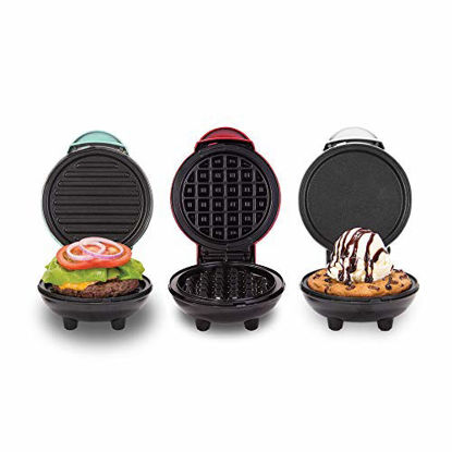 Picture of Dash DGMS03GBCL Mini Maker Grill, Griddle + Waffle Iron, 3 pack, Red/Aqua/White