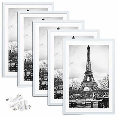 Picture of upsimples 12x18 Picture Frame Set of 5,Display Pictures 11x17 with Mat or 12x18 Without Mat,Wall Gallery Photo Frames,White