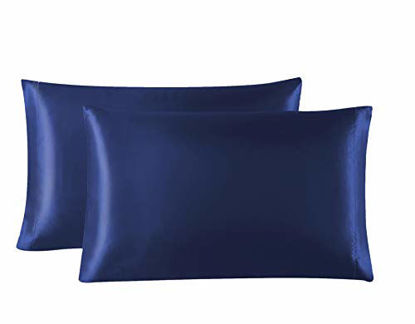 Picture of Love's cabin Silk Satin Pillowcase for Hair and Skin (Navy Blue, 20x30 inches) Slip Pillow Cases Queen Size Set of 2 - Satin Cooling Pillow Covers with Envelope Closure