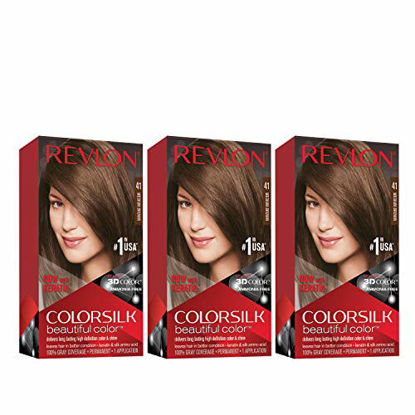 Picture of REVLON Colorsilk Beautiful Color Permanent Hair Color with 3D Gel Technology & Keratin, 100% Gray Coverage Hair Dye, 41 Medium Brown, 4.4 Ounce (Pack of 3)