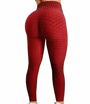 Picture of FITTOO Women's High Waist Yoga Pants Tummy Control Scrunched Booty Leggings Workout Running Butt Lift Textured Tights Peach Butt Red(M)