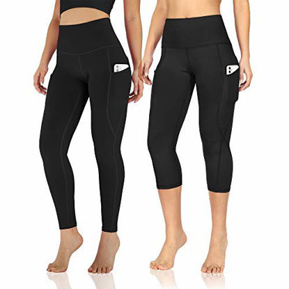 Picture of ODODOS Women's High Waisted Yoga Capris with Pocket, Workout Sports Running Athletic Capris with Pocket, 2 Pack-Black Capris/Black Pants, X-Small