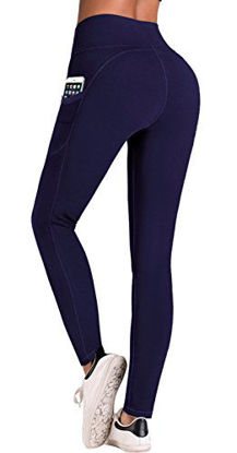 Picture of IUGA High Waist Yoga Pants with Pockets, Tummy Control, Workout Pants for Women 4 Way Stretch Yoga Leggings with Pockets (Navy Blue, XX-Large)