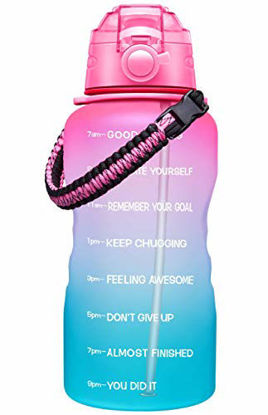 Picture of Fidus Large 1 Gallon Motivational Water Bottle with Paracord Handle & Removable Straw - BPA Free Leakproof Water Jug with Time Marker to Ensure Drink Enough Water Throughout the Day-Light Pink/Green