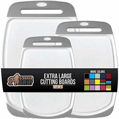 Picture of Gorilla Grip Original Oversized Cutting Board, 3 Piece, Perfect for the Dishwasher, Juice Grooves, Larger Thicker Boards, Easy Grip Handle, Non Porous, Extra Large, Kitchen, Set of 3, Gray