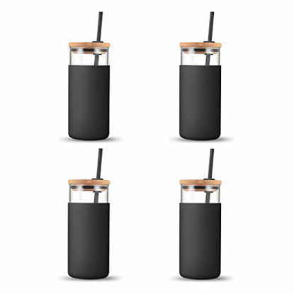 Picture of Tronco 20oz Glass Tumbler Glass Water Bottle Straw Silicone Protective Sleeve Bamboo Lid - BPA Free (Black/ 4-Pack)