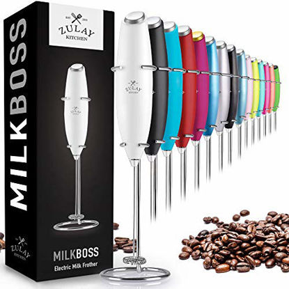 Picture of Zulay Original Milk Frother Handheld Foam Maker for Lattes - Whisk Drink Mixer for Bulletproof Coffee, Mini Foamer for Cappuccino, Frappe, Matcha, Hot Chocolate by Milk Boss (Frosted White)