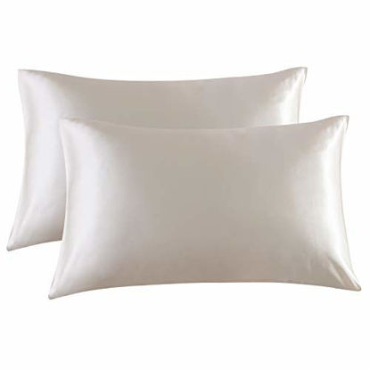 Picture of Bedsure Satin Pillowcase for Hair and Skin, 2-Pack - King Size (20x40 inches) Pillow Cases - Satin Pillow Covers with Envelope Closure, Beige