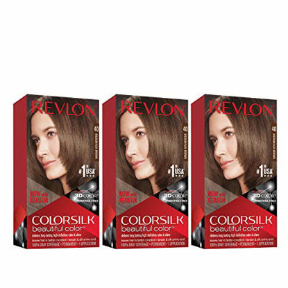 Picture of Revlon Colorsilk Beautiful Color Permanent Hair Color with 3D Gel Technology & Keratin, 100% Gray Coverage Hair Dye, 40 Medium Ash Brown, 4.4 oz (Pack of 3)
