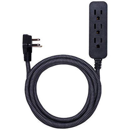 Picture of GE Designer Extension Cord With Surge Protection, Braided Power Cord, 8 ft, 3 Grounded Outlets, Flat Plug, Premium, Black/Grey, 41282