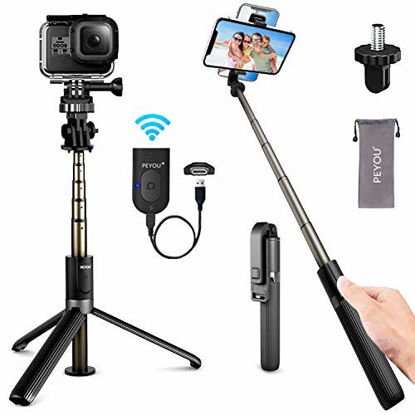 Picture of PEYOU Selfie Stick with Tripod Stand, Rechargeable 4 in 1 Aluminium Alloy 32.3'' Selfie Stick Tripod for GoPro, Phone Tripod Stand Compatible for iPhone 12/11/Pro/Max, Youtuber Live Video TikTok