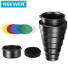 Picture of Neewer Large Aluminium Alloy Conical Snoot Kit with Honeycomb Grid and 5 Pieces Color Gel Filters for Bowens Mount Studio Strobe Monolight Photography Flash Light