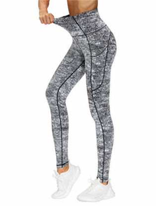 Picture of THE GYM PEOPLE Thick High Waist Yoga Pants with Pockets, Tummy Control Workout Running Yoga Leggings for Women (Large, Black & White Jacquard)
