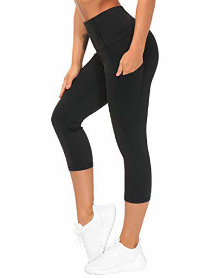 GetUSCart THE GYM PEOPLE Thick High Waist Yoga Pants with Pockets Tummy Control Workout Running Yoga Leggings for Women X Small Z Capris Black