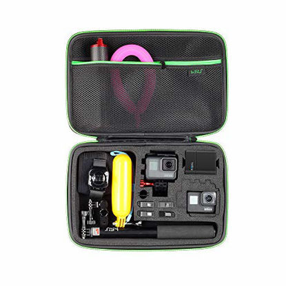 Picture of Large Carrying Case for GoPro Hero(2018), Hero 9, 8, 7 Black,HERO6,5,4, LCD, Black, 3+, 3, 2 and Accessories by HSU with Carry Handle and Carabiner Loop - Portable and Shock(Green Logo)