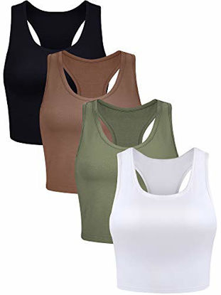 Picture of 4 Pieces Basic Crop Tank Tops Sleeveless Racerback Crop Sport Cotton Top for Women (Black, White, Army Green, Coffee, Medium)