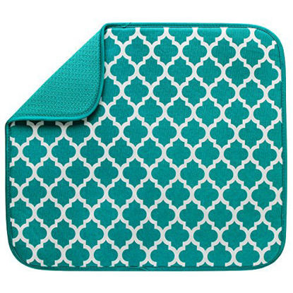 Picture of S&T INC. Absorbent, Reversible Microfiber Dish Drying Mat for Kitchen, 16 Inch x 18 Inch, Teal Trellis