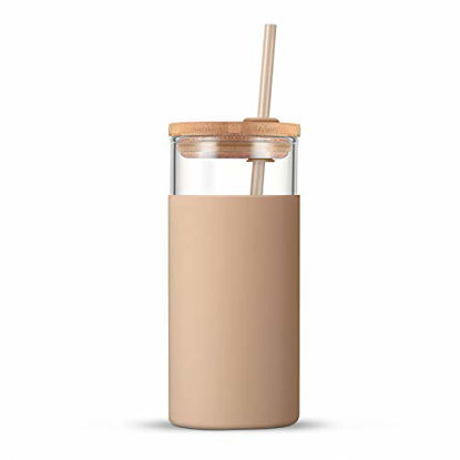 Picture of Tronco 20oz Glass Tumbler Glass Water Bottle Straw Silicone Protective Sleeve Bamboo Lid - BPA Free (Amber)