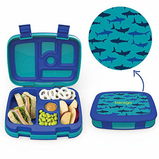 Picture of Bentgo Kids Prints (Sharks) - Leak-Proof, 5-Compartment Bento-Style Kids Lunch Box - Ideal Portion Sizes for Ages 3 to 7 - BPA-Free and Food-Safe Materials